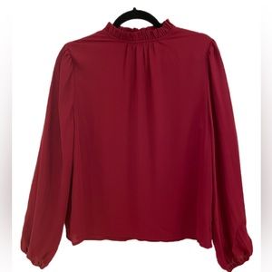 18. Long Puff Sleeve Mock Neck Sheer Chiffon Burgundy Medium Blouse